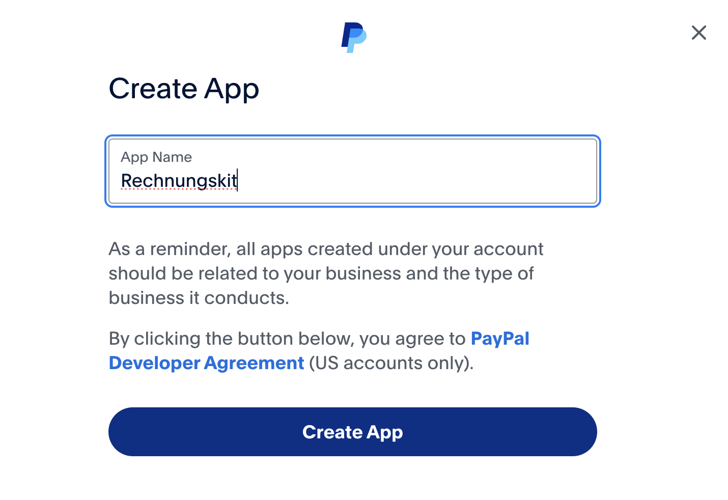 PayPal Create App dialog: app name "Rechnungskit" entered, the Create App button below