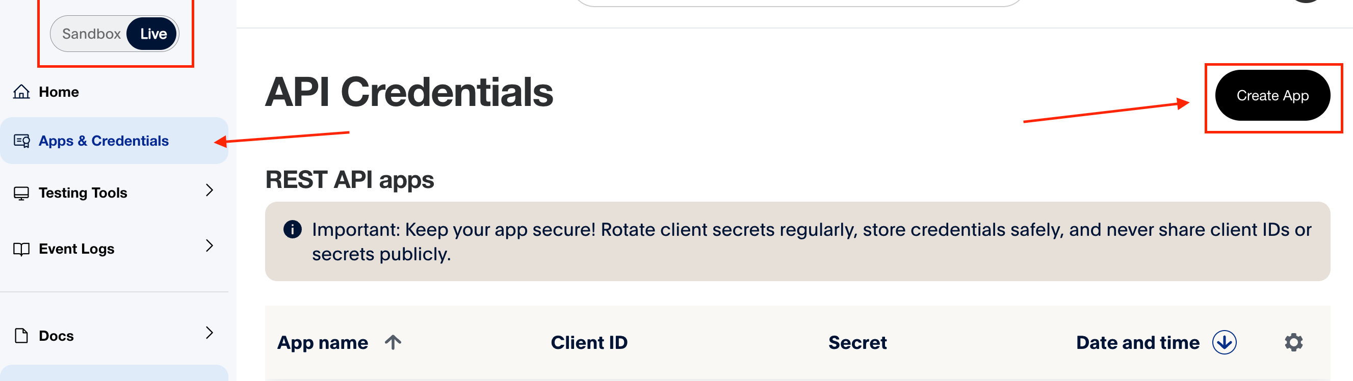 PayPal Developer Dashboard, Apps & Credentials: the switch at the top left is set to Live (marked), the Create App button on the right (marked)