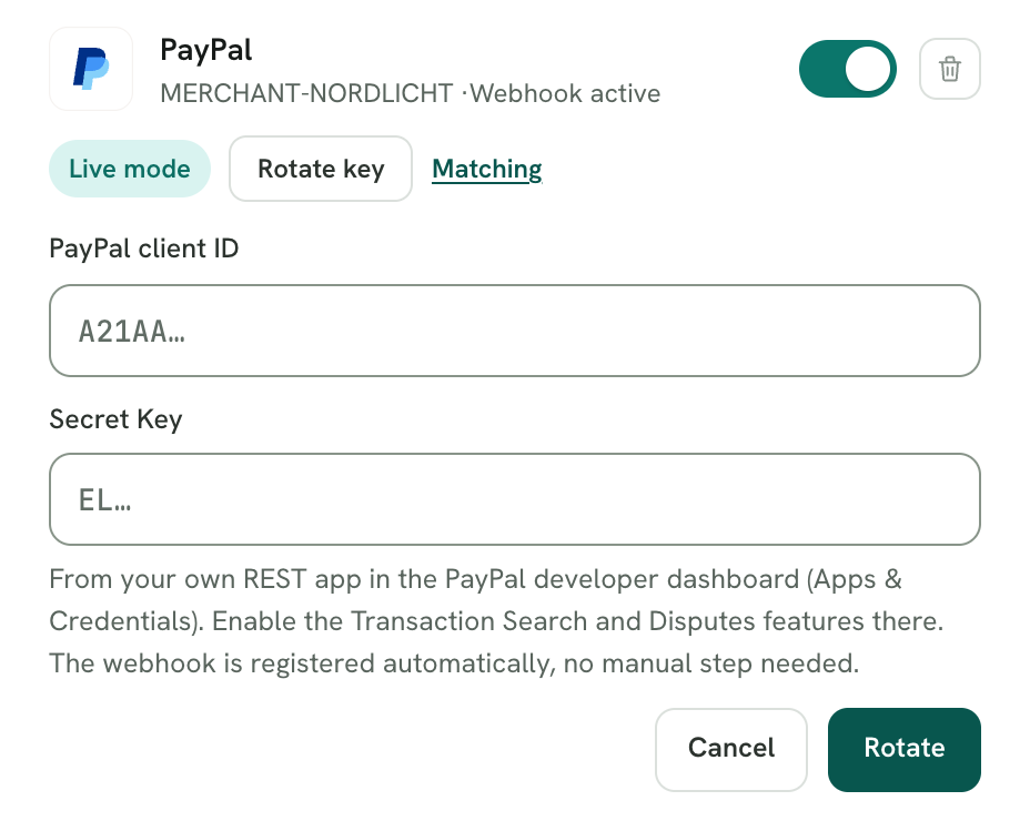 Rechnungskit, Connections → Connect: the connected PayPal card with "Live mode" and "Webhook active". The form is open through "Rotate key", with the fields PayPal client ID and Secret Key and the note that both values come from your own REST app in the PayPal developer dashboard and that the webhook is registered automatically. For a new connection the button says "Connect"