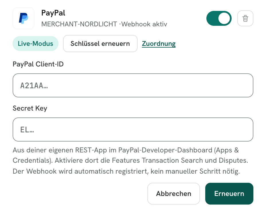 Rechnungskit, Verbindungen → Connect: die verbundene PayPal-Karte mit „Live-Modus“ und „Webhook aktiv“, darunter die Felder PayPal Client-ID und Secret Key