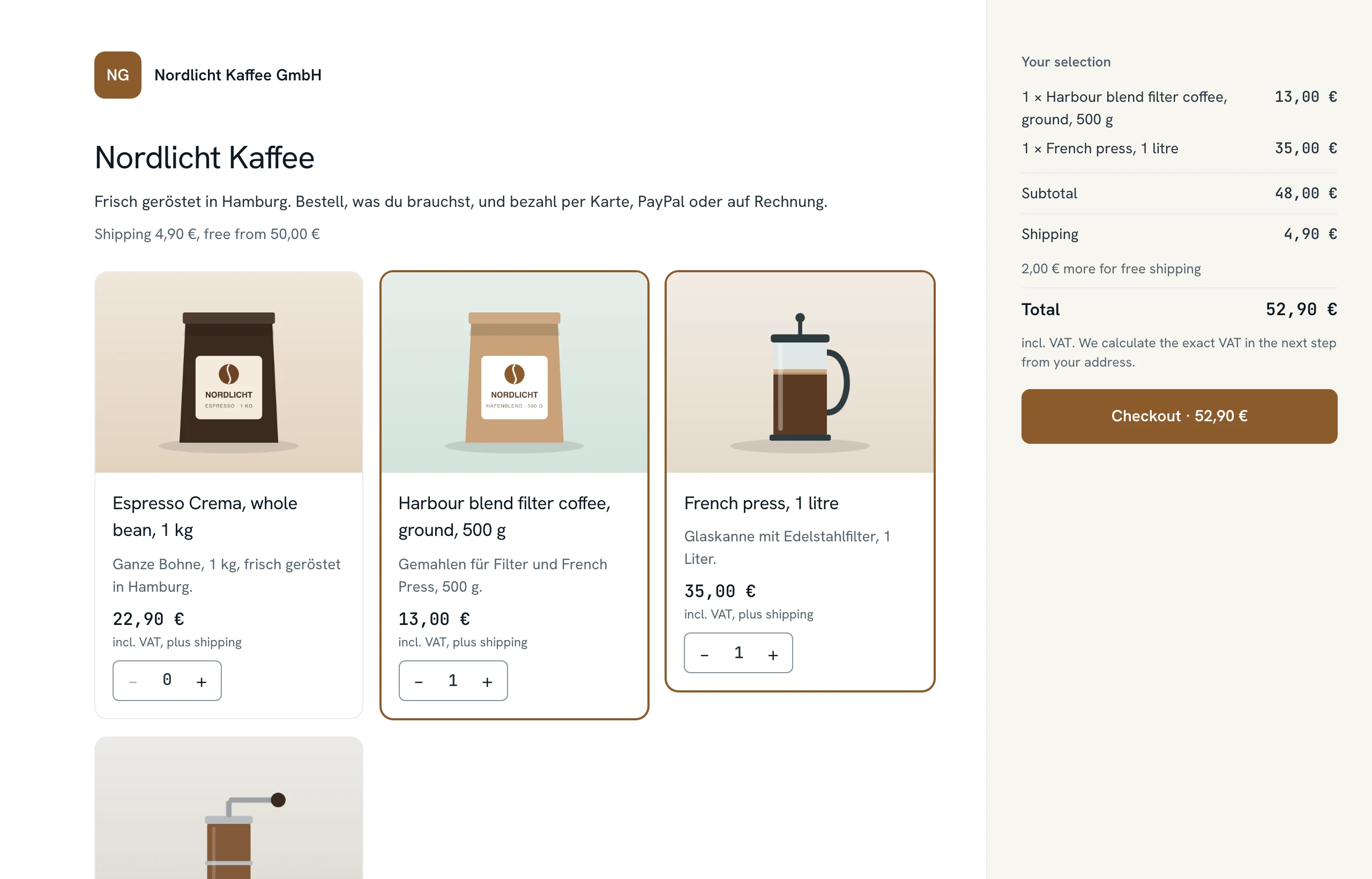 Nordlicht Kaffee shop page in the shop demo: espresso, filter coffee and a French press with prices, the basket on the right at €52.90 with a checkout button