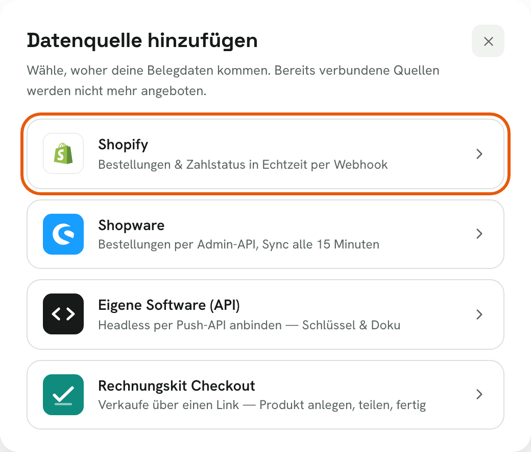 Rechnungskit, Dialog „Datenquelle hinzufügen“: Shopify ist als erste Option markiert, darunter Shopware, Eigene Software (API) und Rechnungskit Checkout
