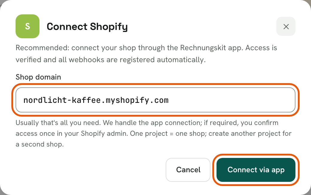 Dialog "Connect Shopify" with the shop domain nordlicht-kaffee.myshopify.com filled in and the highlighted button "Connect via app"