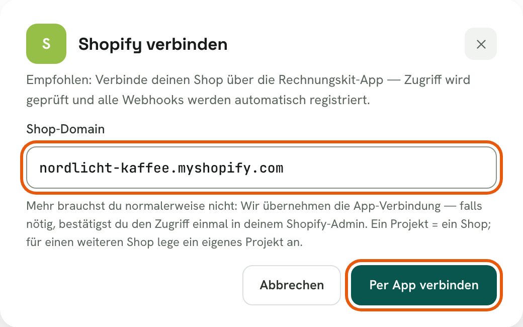 Dialog „Shopify verbinden“ mit der eingetragenen Shop-Domain nordlicht-kaffee.myshopify.com und dem markierten Button „Per App verbinden“