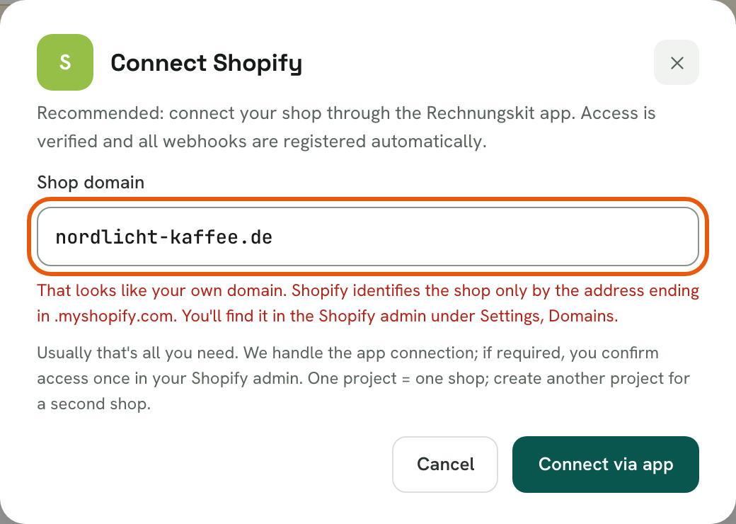 Dialog "Connect Shopify" with the custom domain nordlicht-kaffee.de: below it appears the note that Shopify only recognizes the shop at the address ending in .myshopify.com