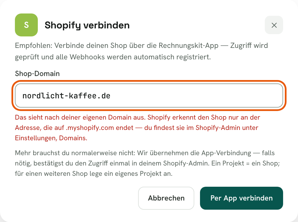 Dialog „Shopify verbinden“ mit der eigenen Domain nordlicht-kaffee.de: Darunter erscheint der Hinweis, dass Shopify den Shop nur an der Adresse erkennt, die auf .myshopify.com endet