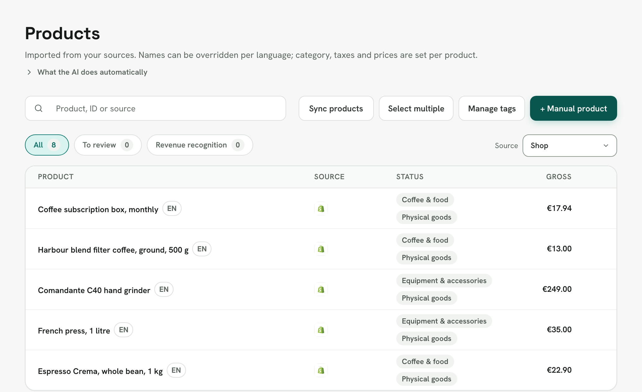 Rechnungskit, Products page: products imported from Shopify with categories such as "Coffee & food" or "Equipment & accessories", type of supply and gross price