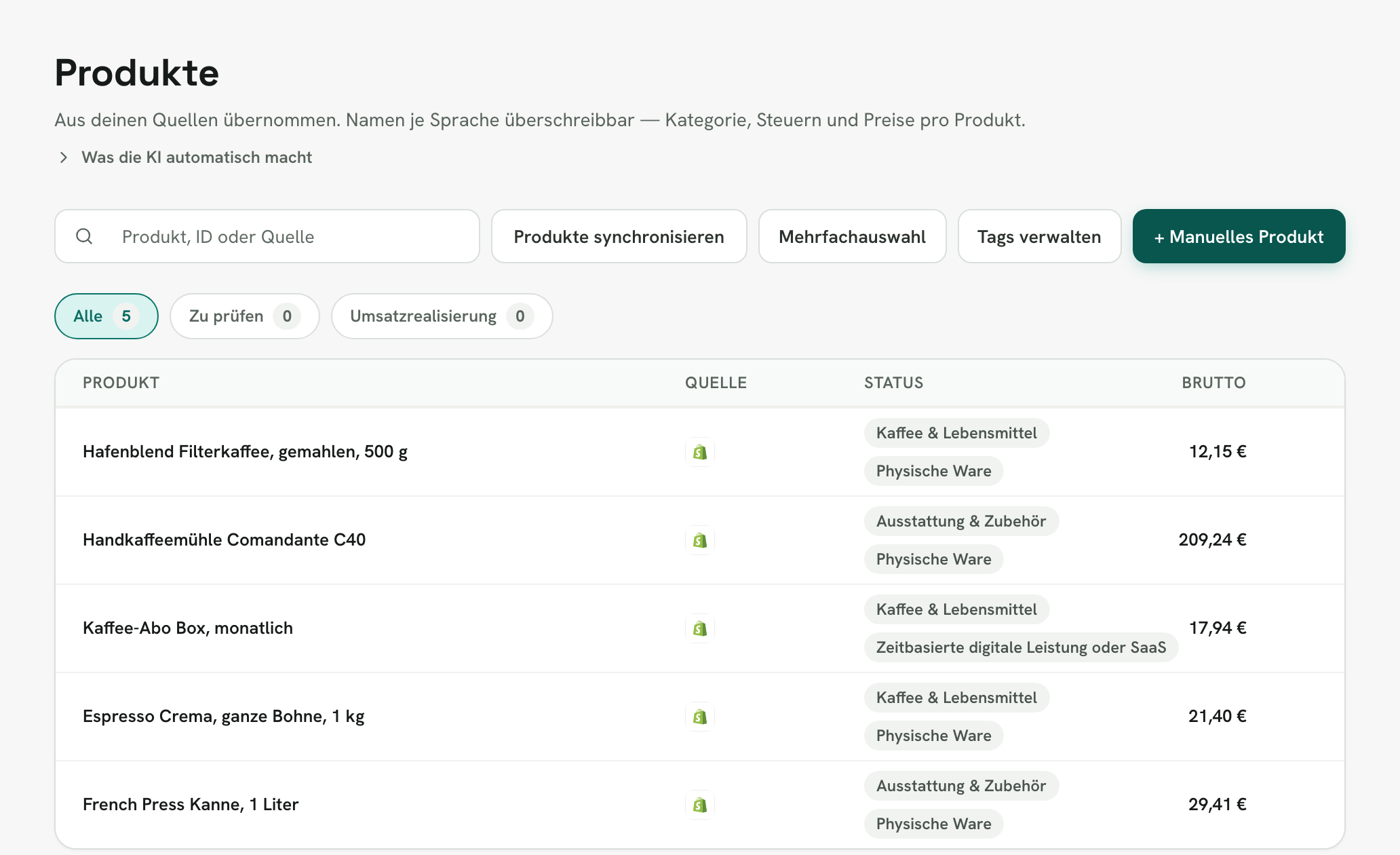 Rechnungskit, Seite Produkte: aus Shopify übernommene Produkte mit Kategorie wie „Kaffee & Lebensmittel“ oder „Ausstattung & Zubehör“, Art der Leistung und Bruttopreis