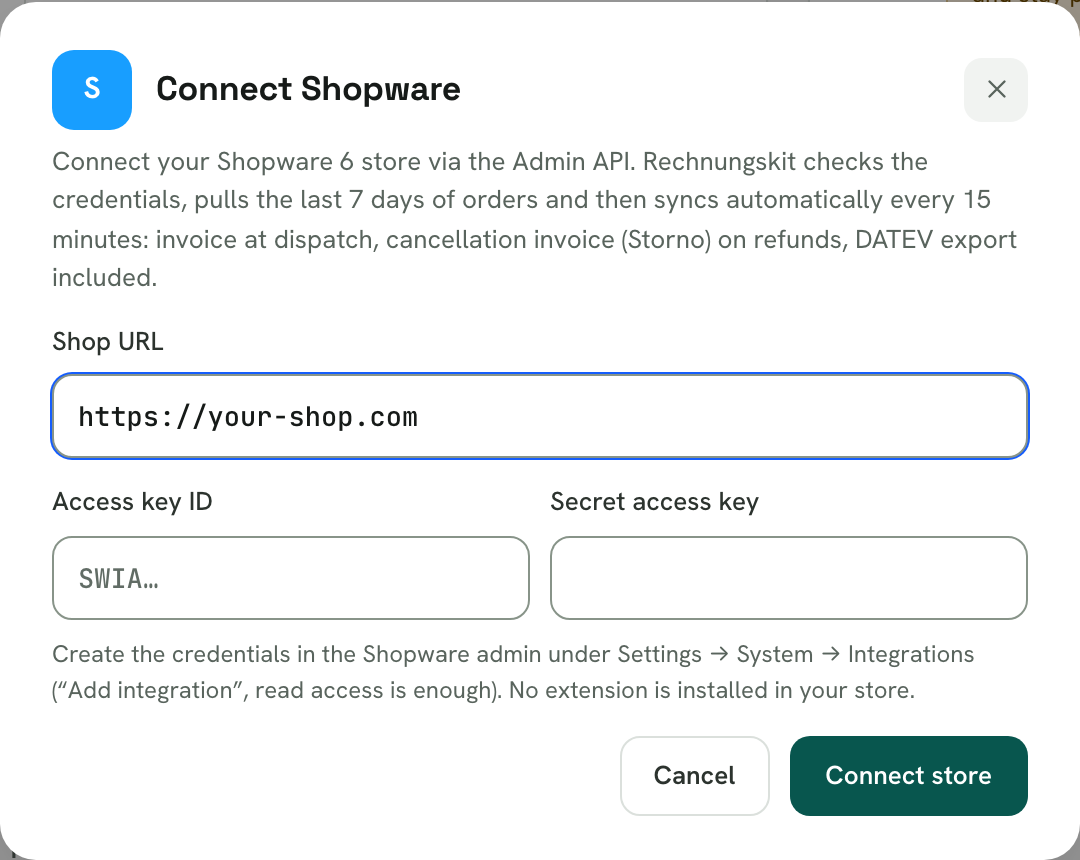 Rechnungskit, "Connect Shopware" dialog: the shop URL https://your-shop.com is filled in, below it the empty access key ID (SWIA…) and secret access key fields and the note that you create the credentials in the Shopware admin under Settings → System → Integrations