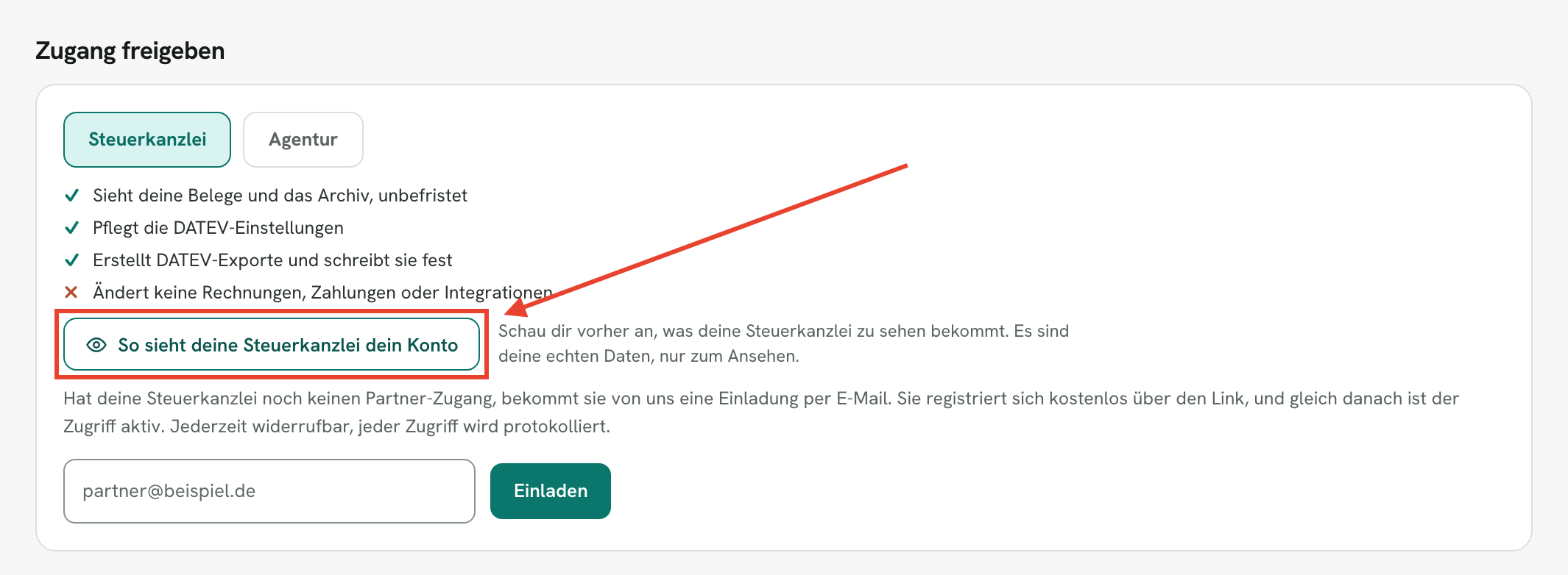 Karte „Zugang freigeben“ mit gewählter Steuerkanzlei und dem markierten Button „So sieht deine Steuerkanzlei dein Konto“