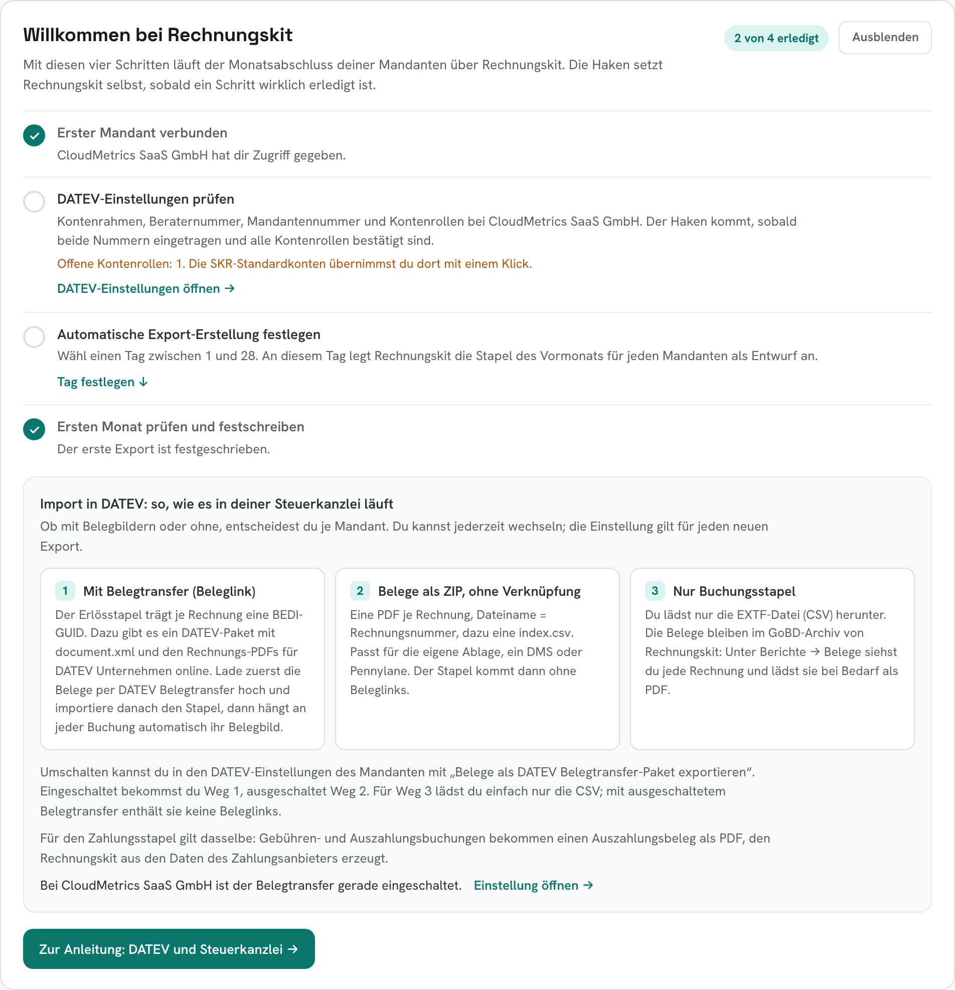 Willkommenskarte im Kanzlei-Zugang mit vier Schritten, den Importwegen nach DATEV und dem Link zur Anleitung
