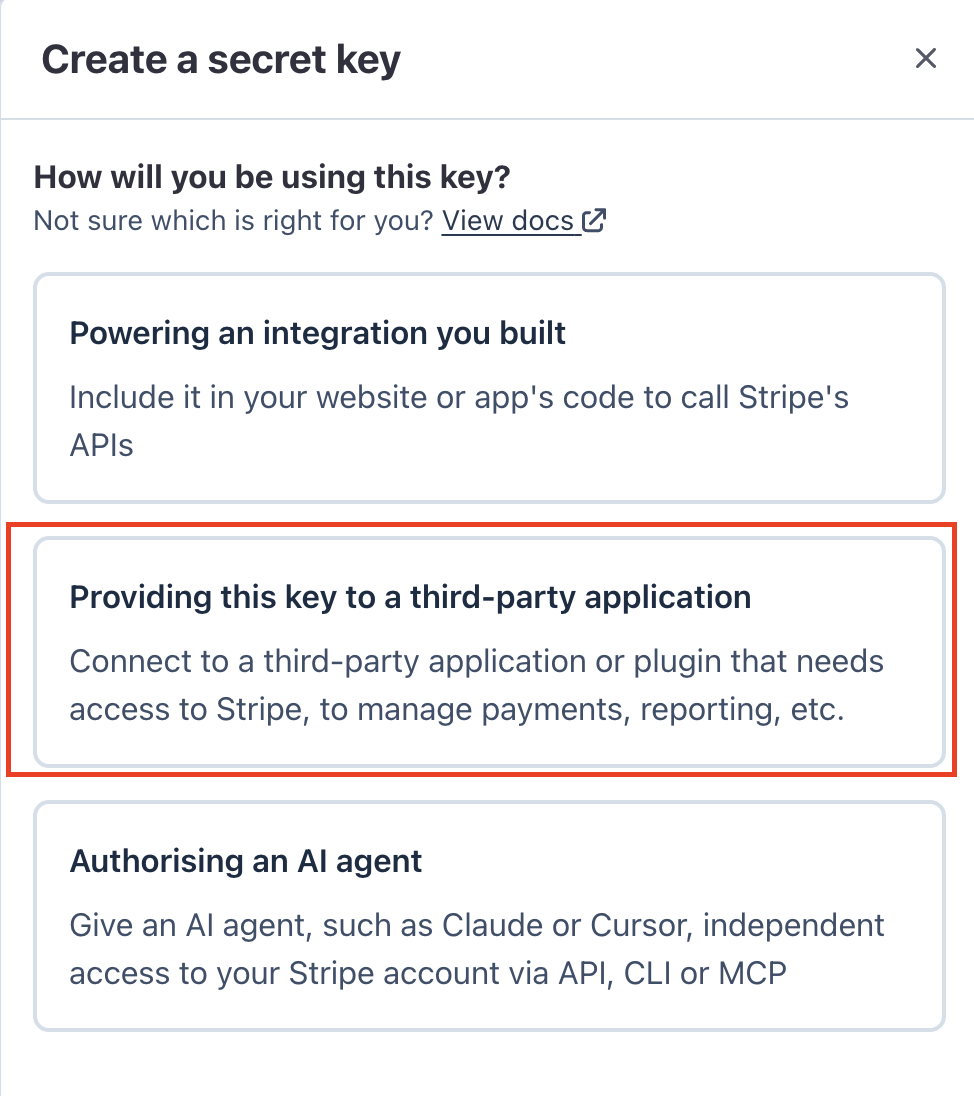 Stripe-Dialog "Create a secret key": die Option "Providing this key to a third-party application" ist hervorgehoben