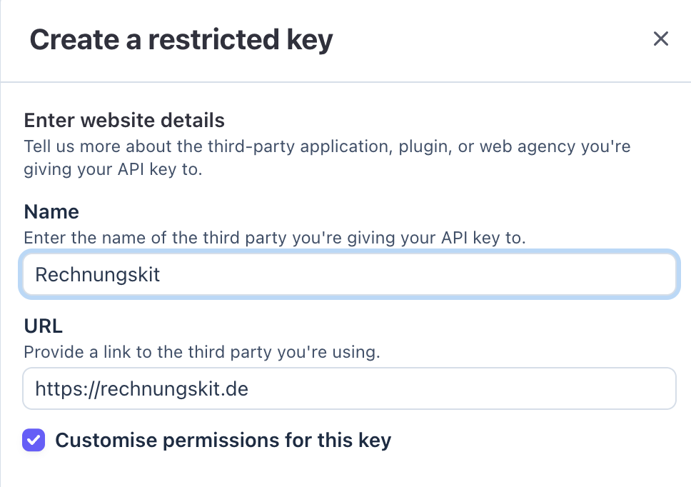 Stripe-Dialog "Create a restricted key": Name "Rechnungskit", URL https://rechnungskit.de und der aktivierte Haken "Customise permissions for this key"