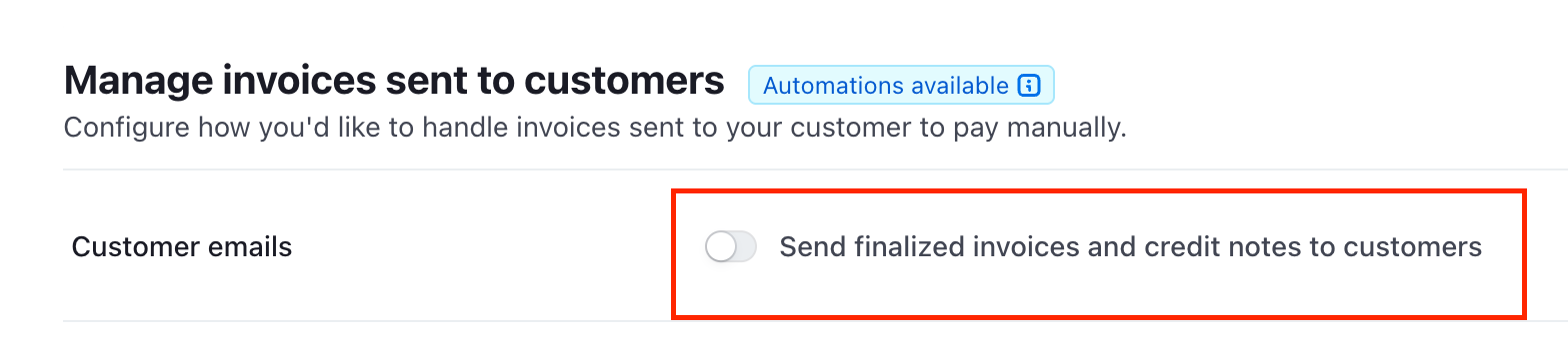 Stripe-Einstellung: Customer emails, der Schalter "Send finalized invoices and credit notes to customers" ist deaktiviert