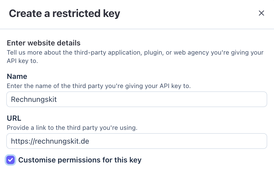 Stripe dialog "Create a restricted key", step Enter website details: name "Rechnungskit", URL https://rechnungskit.de and the ticked box "Customise permissions for this key"