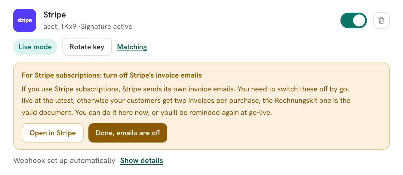 Rechnungskit, Connections → Connect, the Stripe card in the demo account: acct_1Kx9 with "Signature active", toggle on, "Live mode", below it the notice "For Stripe subscriptions: turn off Stripe's invoice emails" with "Open in Stripe" and "Done, emails are off"