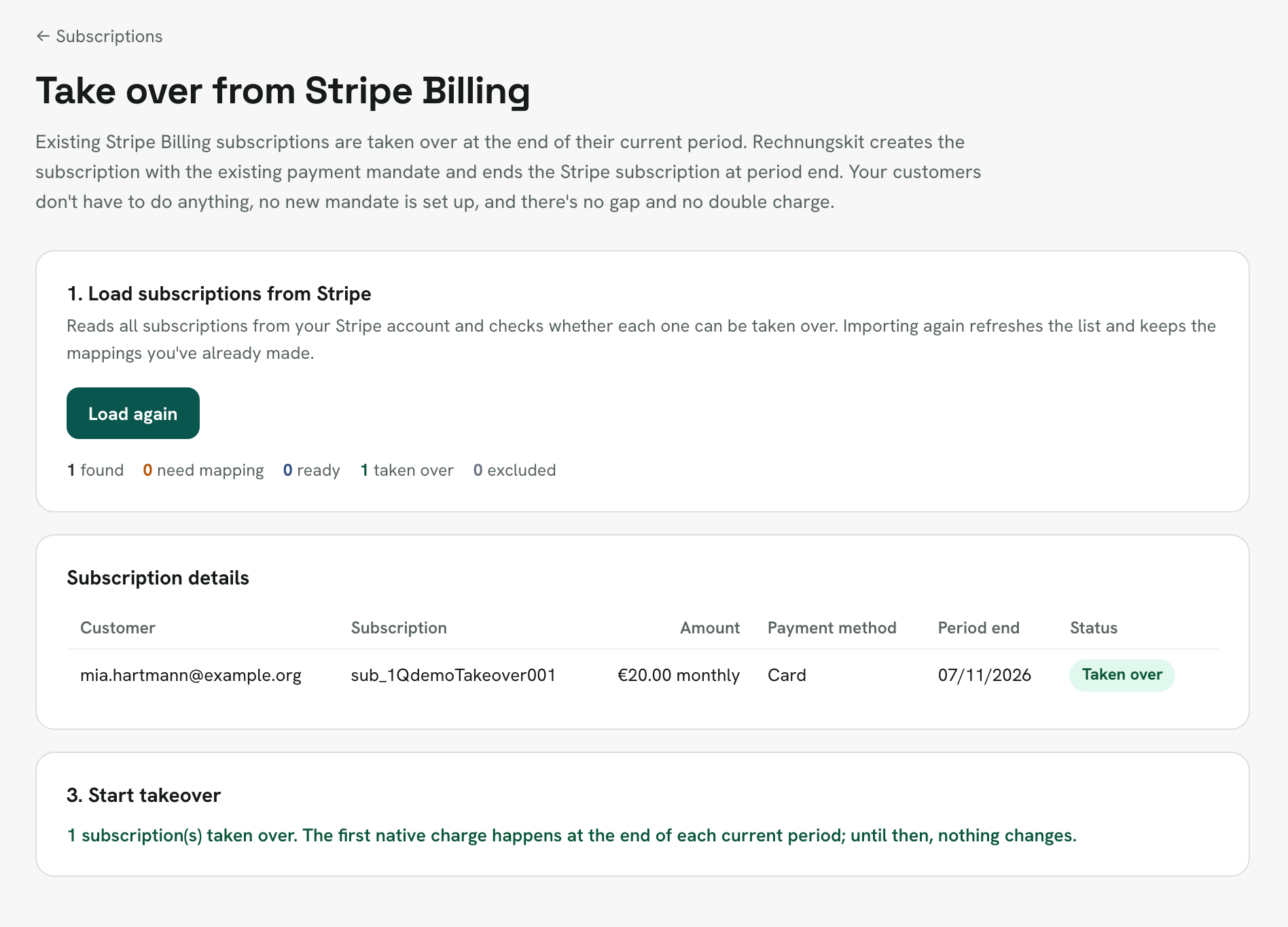 The guided move in Rechnungskit: loading subscriptions from Stripe with a counter, below it the subscription list with customer, amount, payment method and end of period in the status "Taken over", plus the confirmation that the first native charge happens at the end of the period
