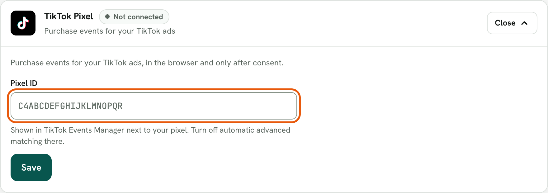 Rechnungskit, the expanded TikTok Pixel card, not connected yet: the field Pixel ID is highlighted, below it the note that the ID is shown in TikTok Events Manager next to your pixel and that you turn off automatic advanced matching there, and the button "Save"