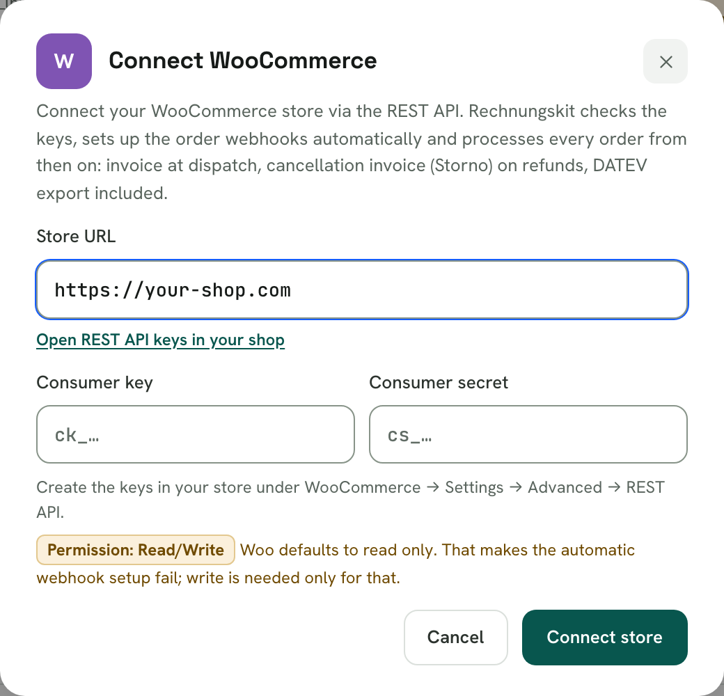 Rechnungskit, "Connect WooCommerce" dialog: the store URL https://your-shop.com is filled in, below it the link to open the REST API keys in the shop, the empty consumer key (ck_…) and consumer secret (cs_…) fields and the note "Permission: Read/Write"