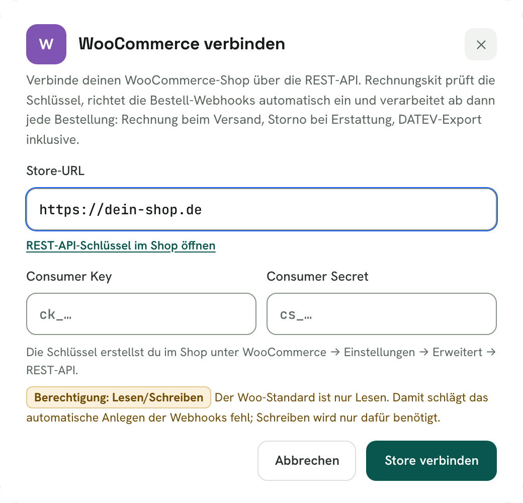 Rechnungskit, Dialog „WooCommerce verbinden“: Store-URL https://dein-shop.de ist eingetragen, darunter der Link „REST-API-Schlüssel im Shop öffnen“, die leeren Felder Consumer Key (ck_…) und Consumer Secret (cs_…) und der Hinweis „Berechtigung: Lesen/Schreiben“
